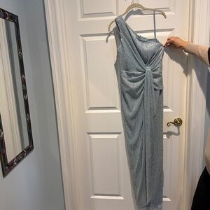 Adrianna Papell one shoulder blue/silver gown in lurex size 6